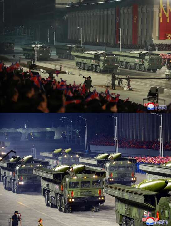 上图为朝鲜阅兵式上展示的钻地导弹，相比下图的“火星”-11导弹4轴发射车，钻地导弹采用5轴发射车，说明尺 ...